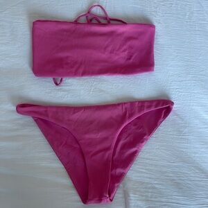 L*Space L Space Beach Wave Bandeau Ribbed Pink Bikini, Medium Top Large Bottom